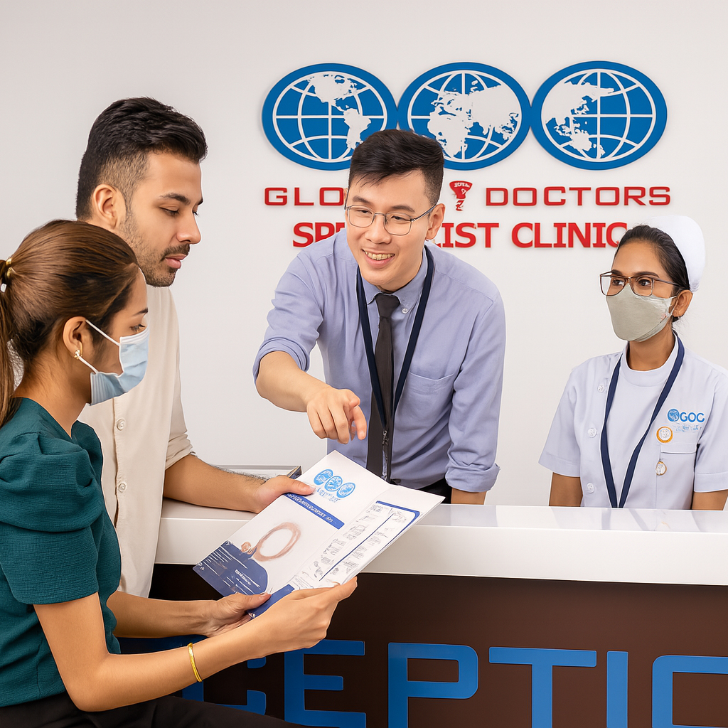 A consultant from Medinova Aesthetic Institute providing a professional consultation to a couple at the reception of Global Doctors Hospital in Mont Kiara.