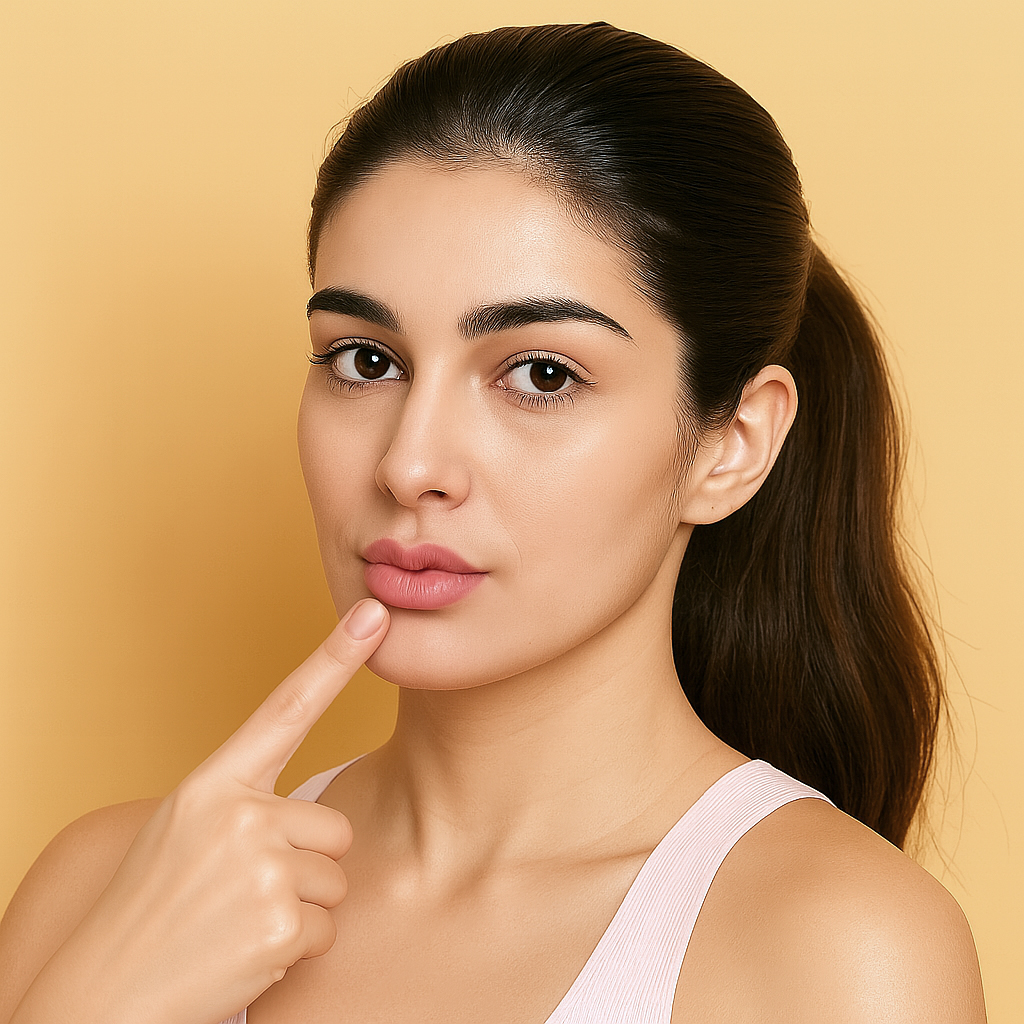 A model gently touching her lips to highlight the elegant 'M' contour and natural fullness achieved with surgical lip contouring at Medinova Aesthetic Institute.