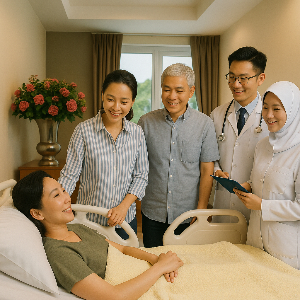 A patient resting comfortably in a private suite at Medinova Aesthetic Institute, receiving attentive care from our doctors and nursing staff.