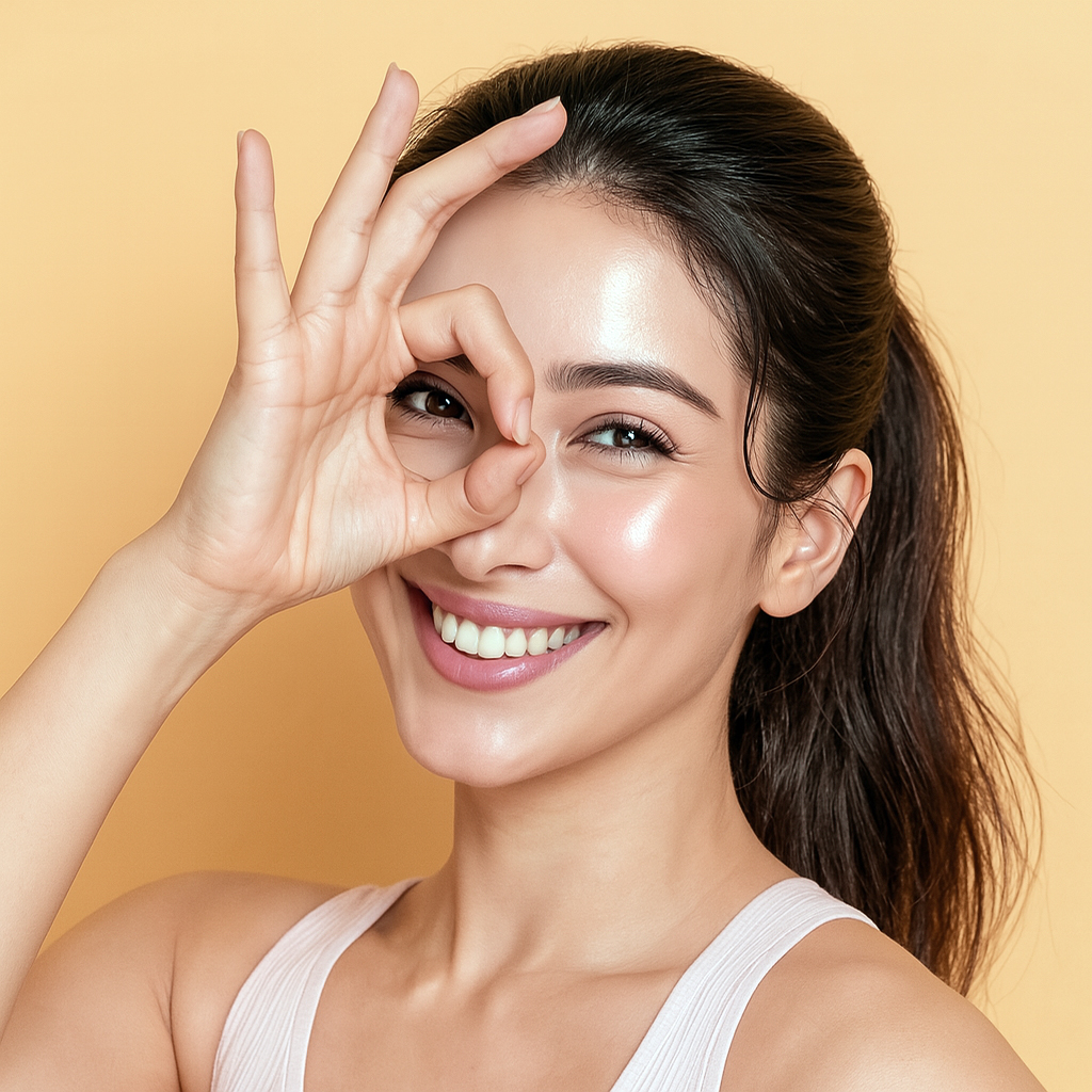 A smiling model illustrating the refreshed and youthful gaze achieved through Medinova's advanced, scarless eye bag removal treatment.