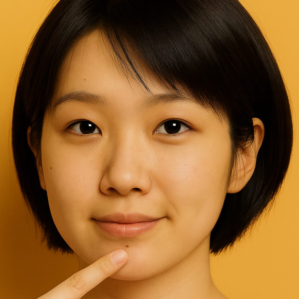 A woman pointing to a smooth chin, showcasing the results of a successful scar revision treatment at Medinova.