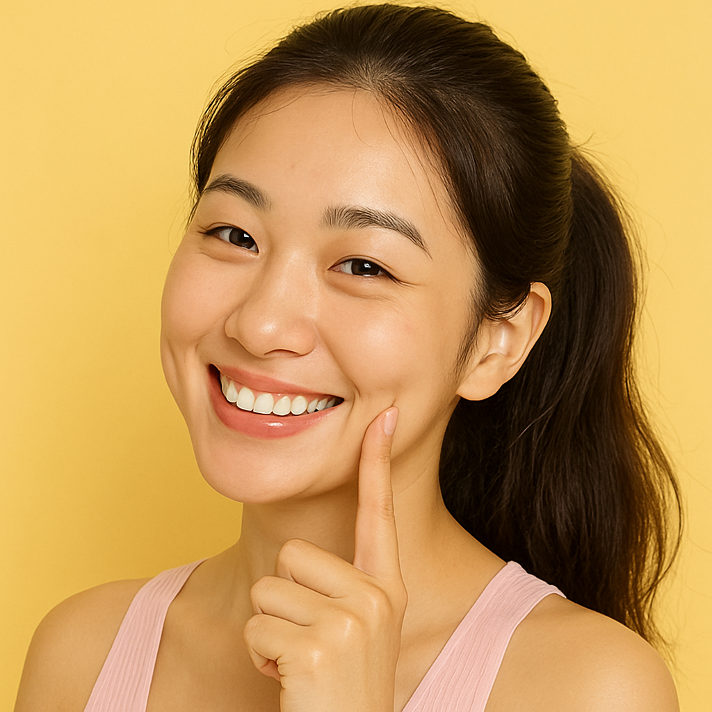 A smiling woman pointing to a natural-looking dimple, showcasing the results of a dimple creation procedure at Medinova.
