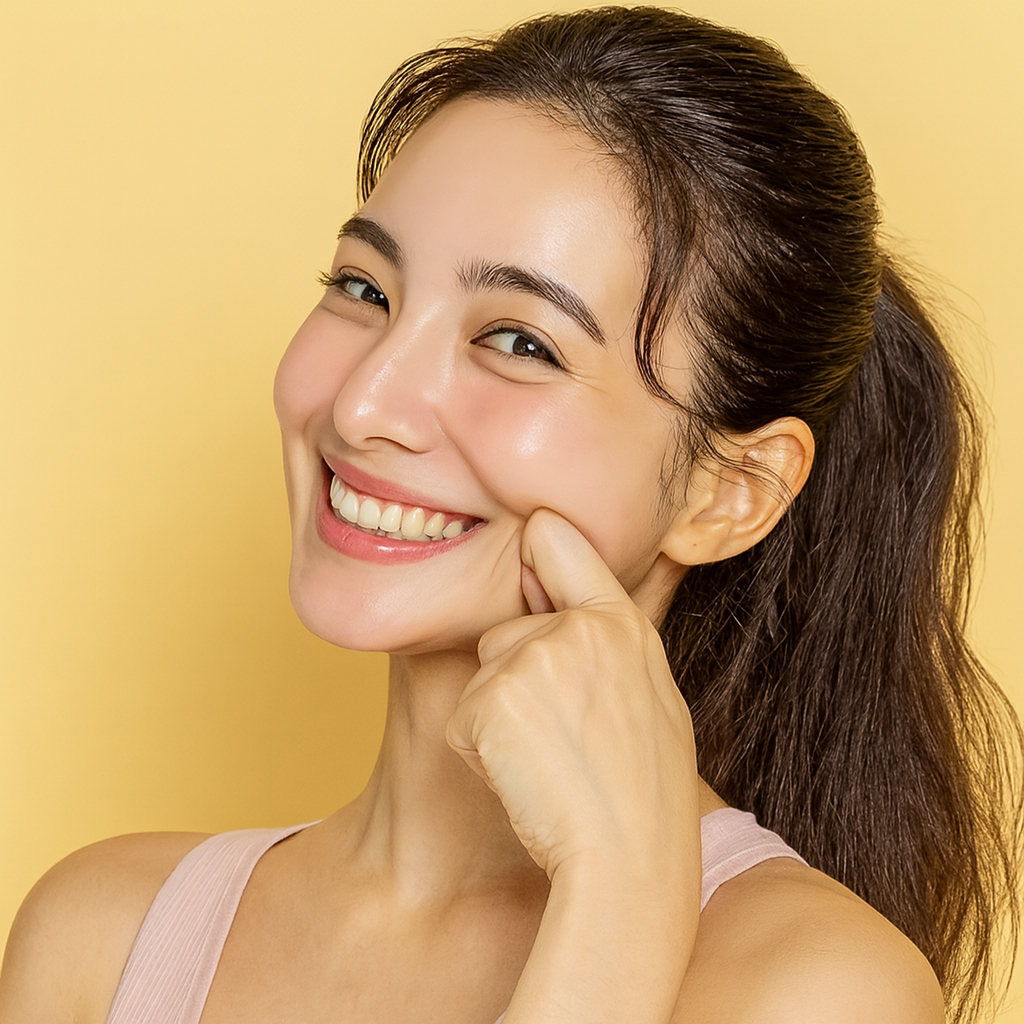 A smiling woman pointing to her smooth jawline, showcasing the results of a modern SMAS facelift at Medinova Aesthetic Institute.
